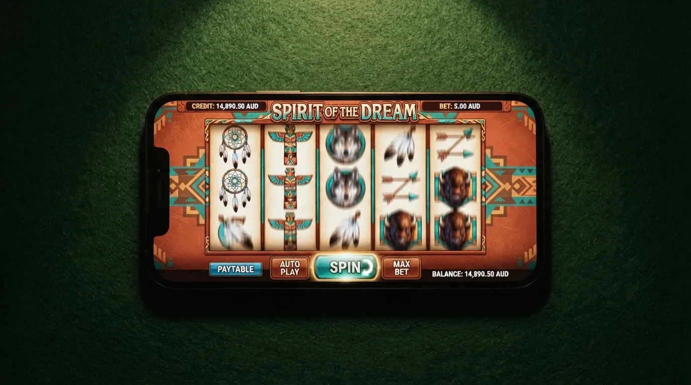 The Indian Dreaming slot interface on a mobile screen, showing its 5-reel, 243-ways layout with the dreamcatcher symbols and an AUD bet display