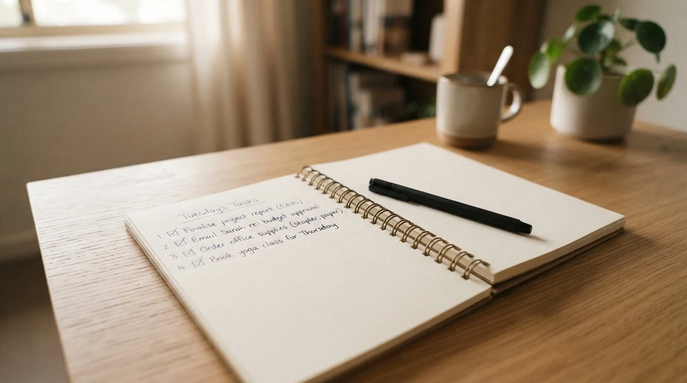 A notepad or device screen showing a short checklist — wagering checked, cashout cap noted, expiry recorded, licence verified — with a pen resting beside it.