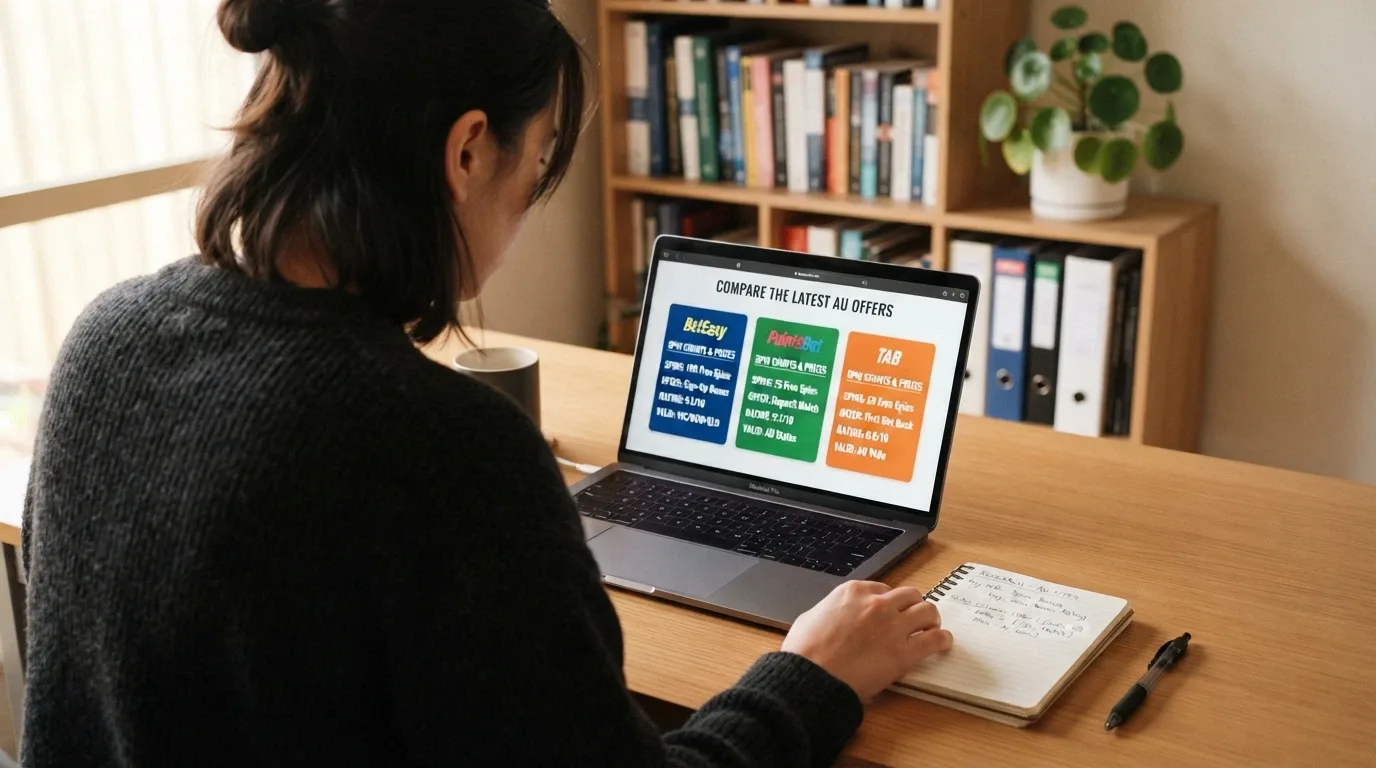 A person at a laptop reviewing comparison notes, looking thoughtful rather than playing
