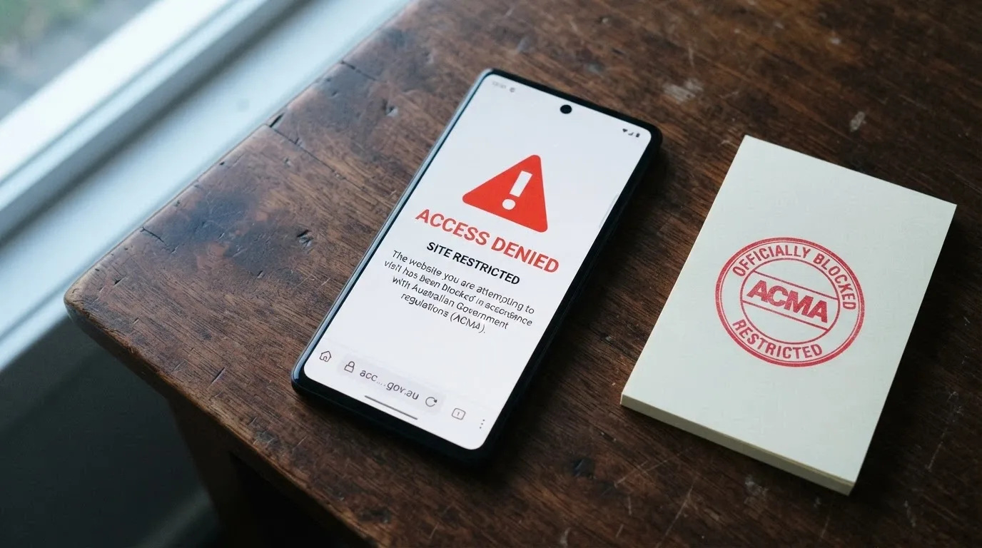 A smartphone displaying the ACMA website's blocking-request page beside a document titled Interactive Gambling Act 2001, with the 1,564 blocked-sites figure highlighted