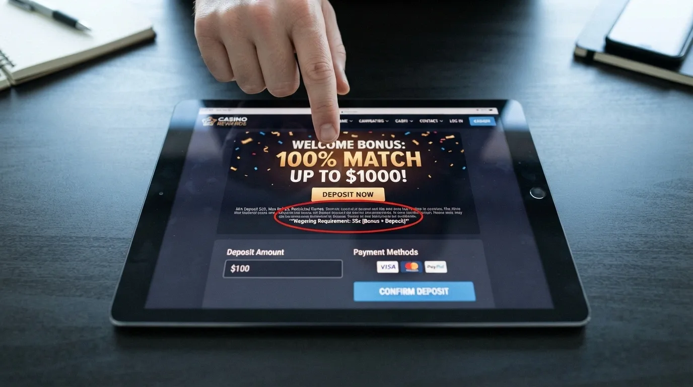 An iPad screen showing a casino cashier page with a welcome bonus pop-up overlay — the headline match percentage is large, but the wagering terms in the fine print below it are circled or highlighted