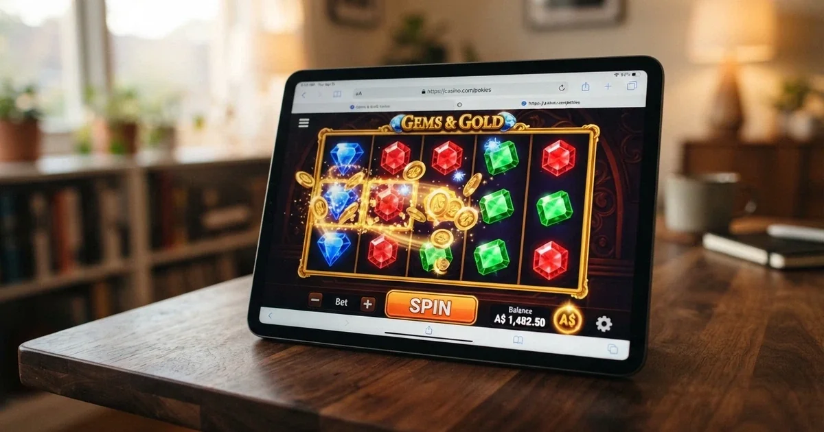 An iPad in landscape orientation displaying a colourful HTML5 pokie game with the Safari browser frame visible around it, Australian dollar symbols on screen