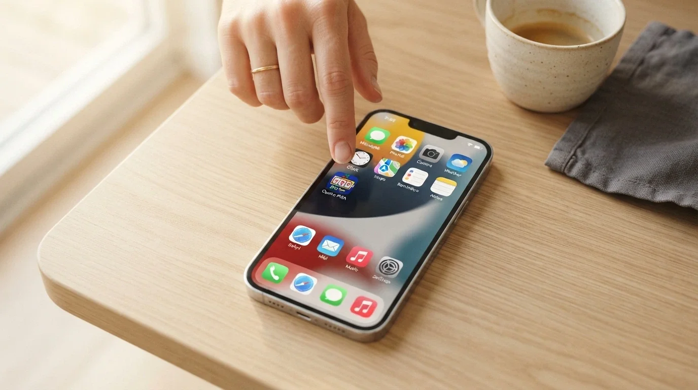 iPhone home screen with a casino PWA icon sitting among native apps, showing the full-screen shortcut