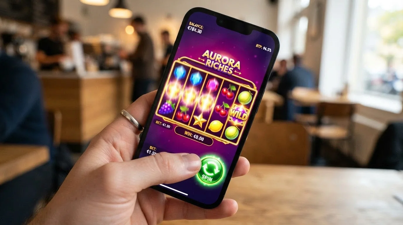iPhone screen showing a pokies game with spin button, balance display and RTP figure visible