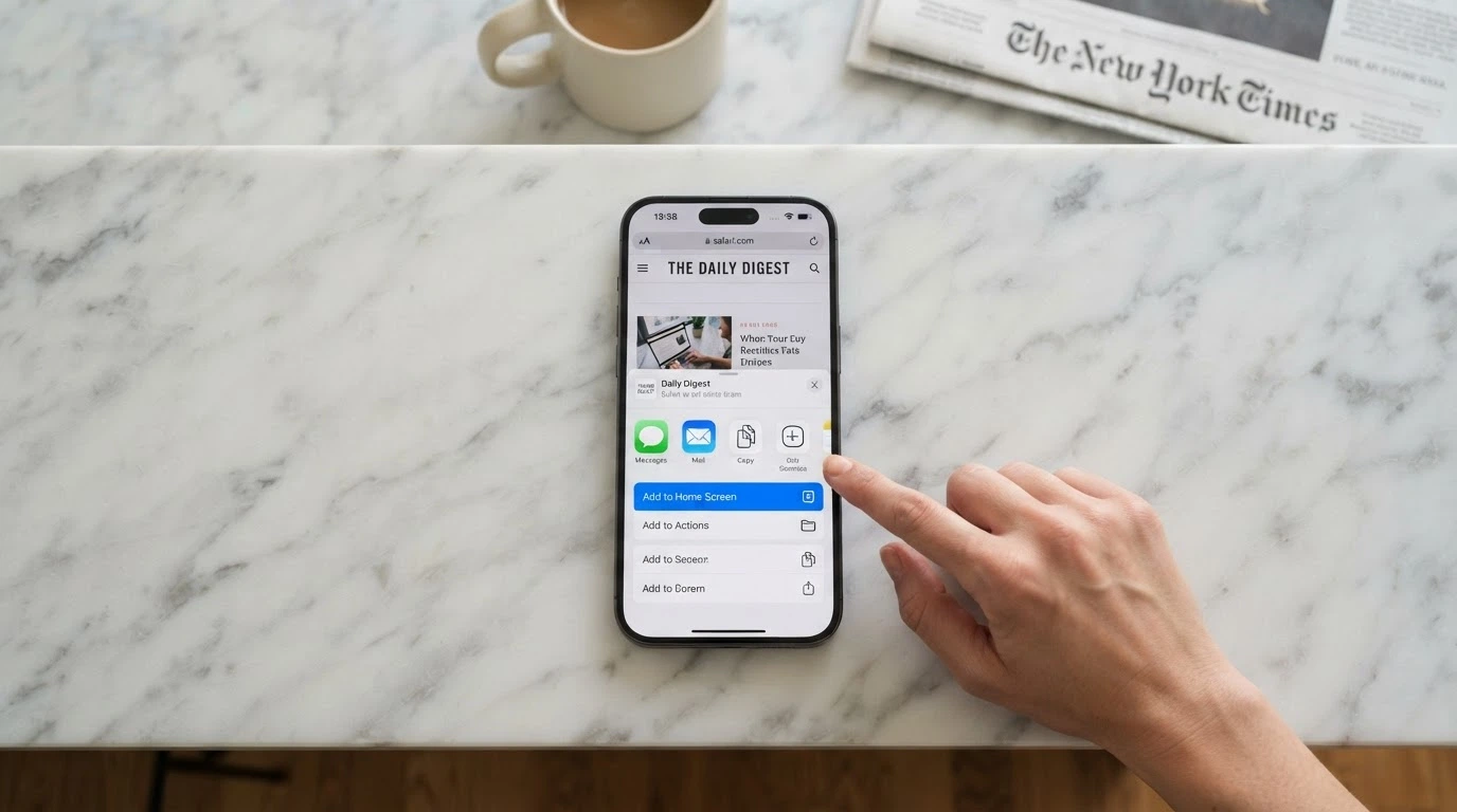 iPhone Safari browser showing the Share menu with Add to Home Screen option highlighted