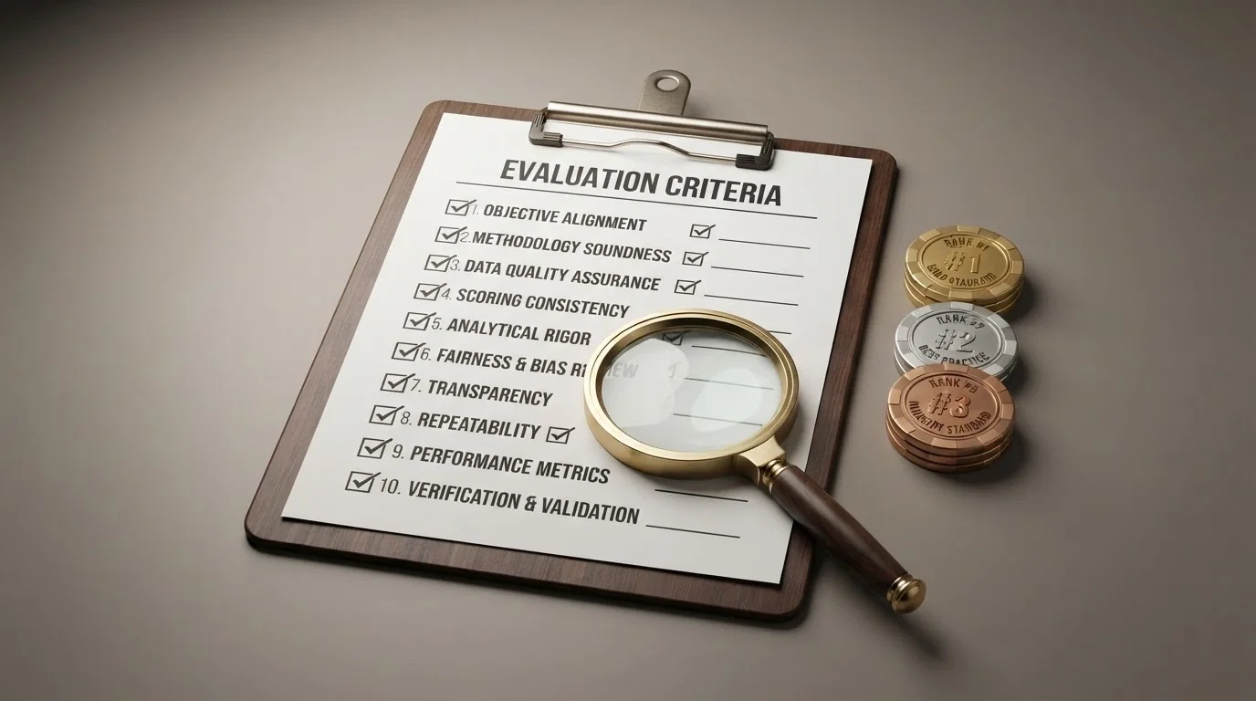 A checklist graphic showing the evaluation criteria — keno format count, RTP, bonus terms, AU access — with a magnifying glass over a casino logo
