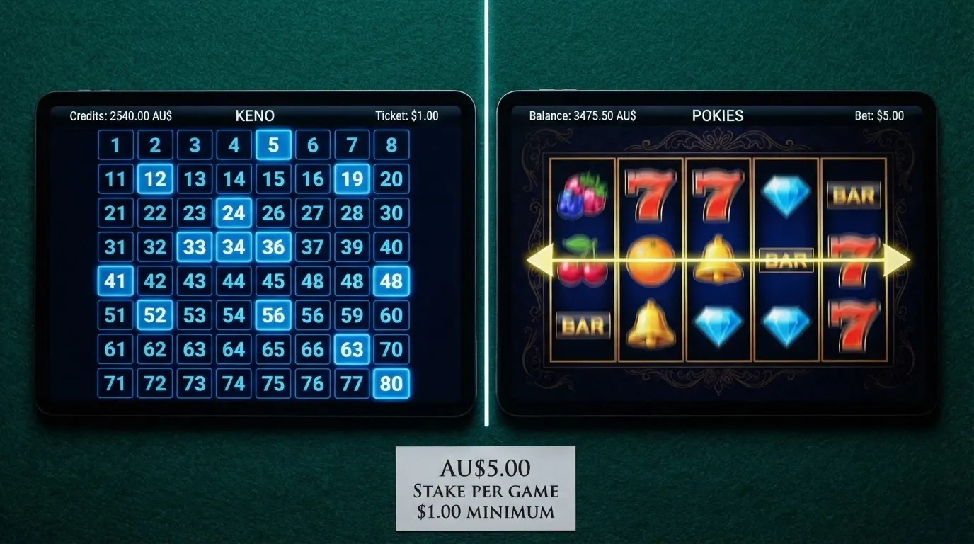 A split-screen image — a keno-style number grid on one side, a pokie reel set on the other, with the same AU dollar stakes displayed beneath both