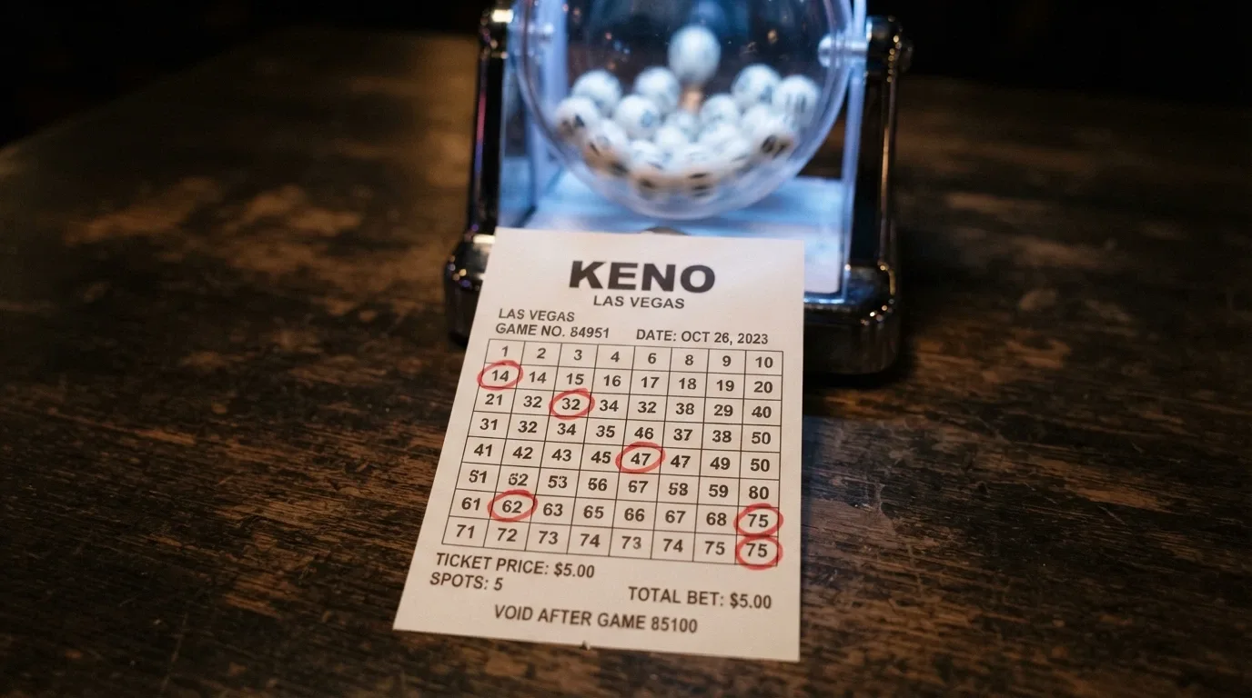 A close-up of a keno ticket grid with five numbers marked and a stylised draw machine in the background