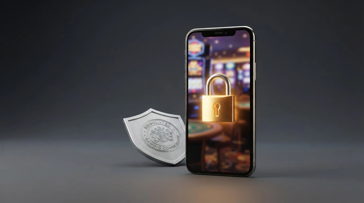 A smartphone displaying a padlock icon over a casino lobby, with the ACMA logo visible in the background