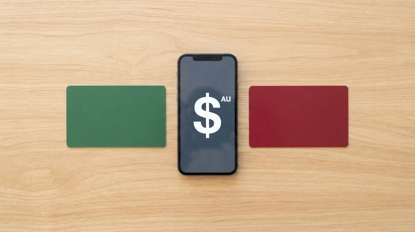 A two-column visual: left side shows licensed AU wagering logos (debit card, PayID, BPAY) under a green banner, right side shows offshore casino indicators (credit card, crypto) under a red banner