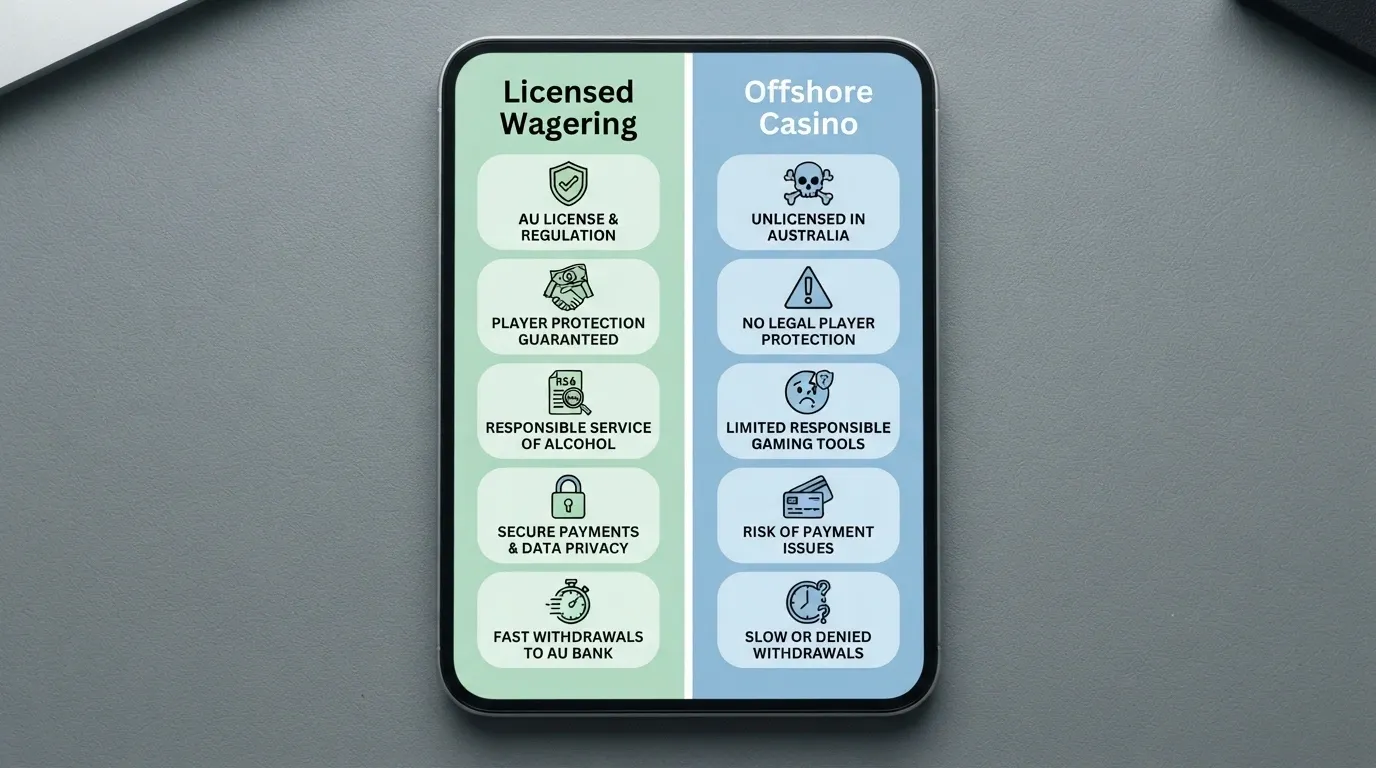 A phone displaying a split-screen graphic: five operator icons on a green background labelled “Licensed AU Wagering” and five on a blue background labelled “Offshore Casino”