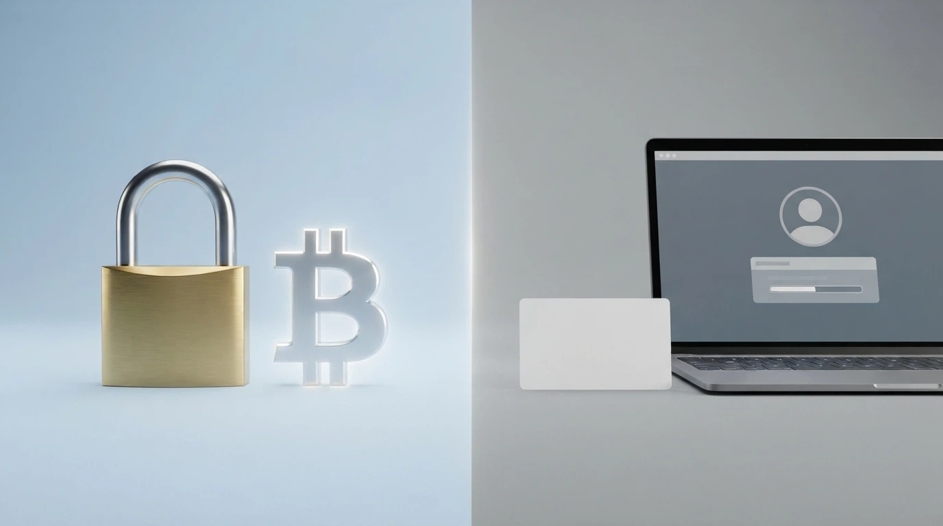 A split graphic: one side shows a padlock symbol beside a Litecoin logo, the other shows an identity document and a casino KYC upload screen