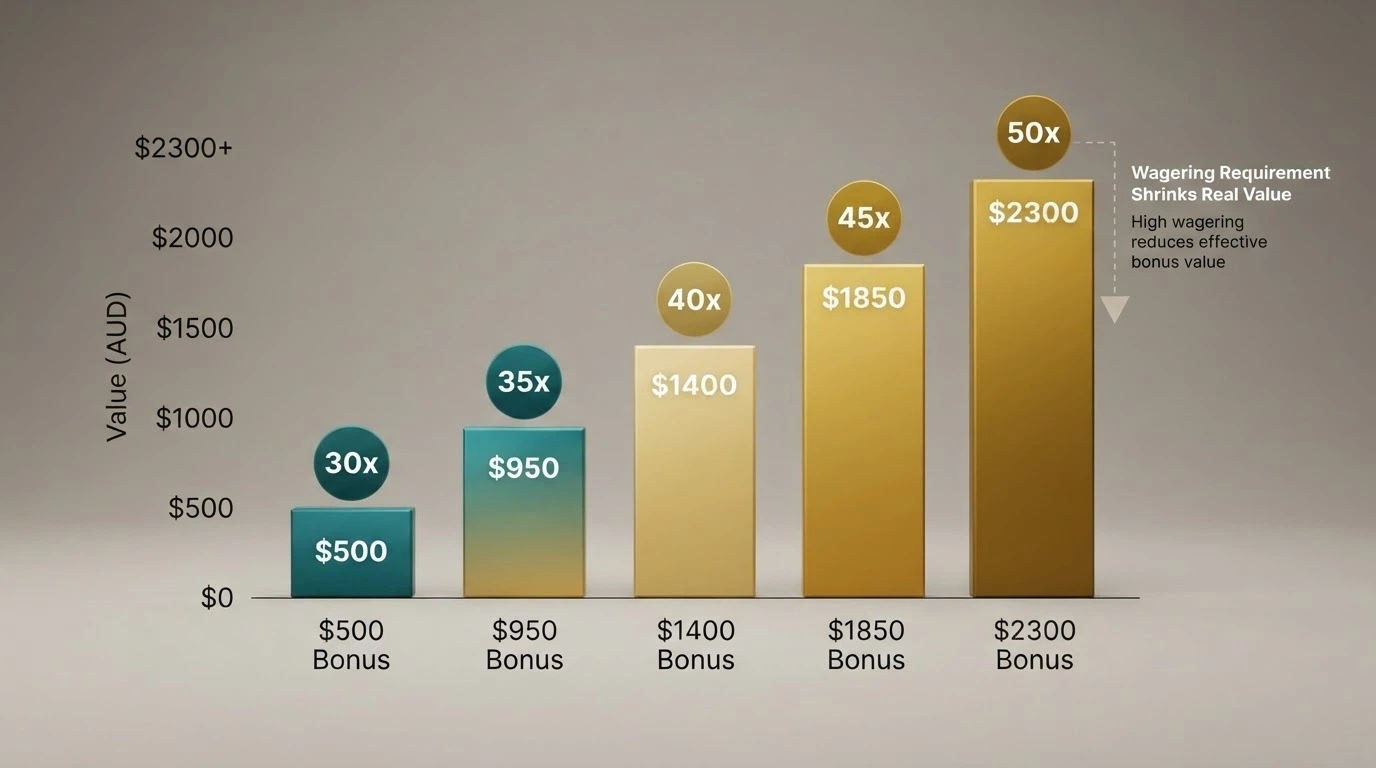 A side-by-side comparison graphic showing welcome-offer amounts and wagering multipliers across casino logos