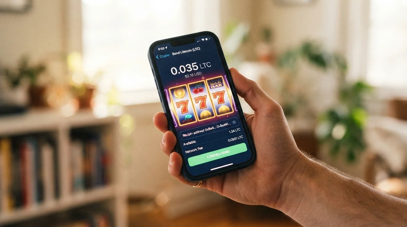 A smartphone displaying a crypto wallet send screen with a small Litecoin amount entered, pokies reels spinning in the background