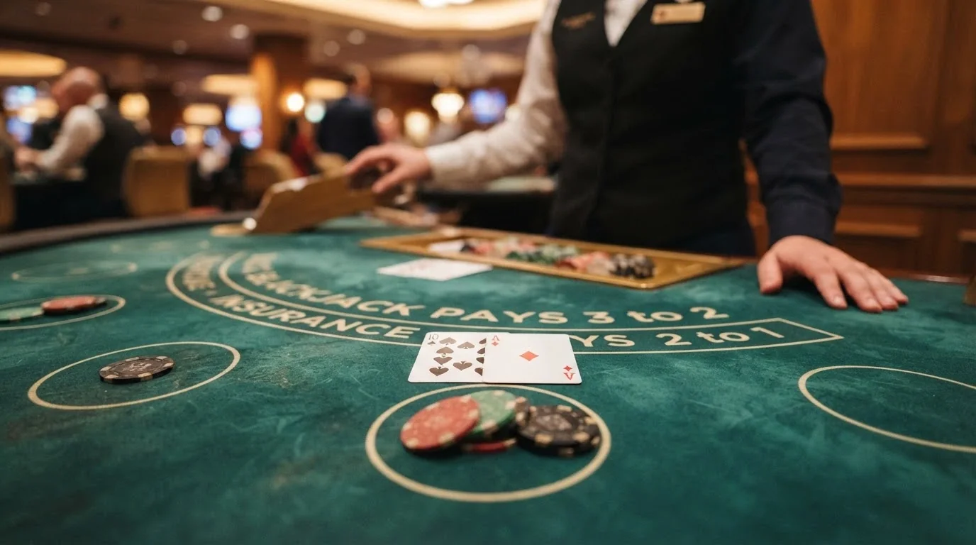 A close-up of a live blackjack table with cards being dealt by a dealer