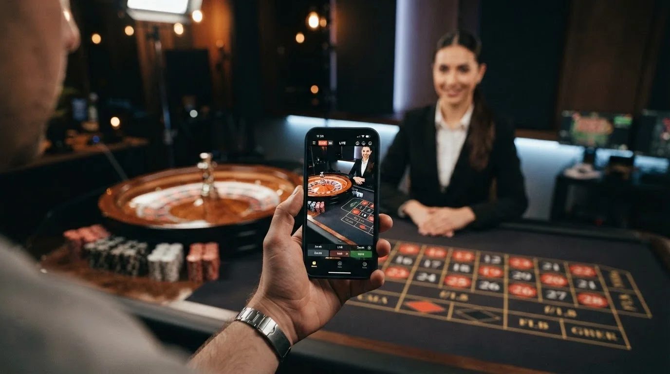 A live-dealer roulette or blackjack table viewed through a smartphone screen with a cashback-percentage overlay