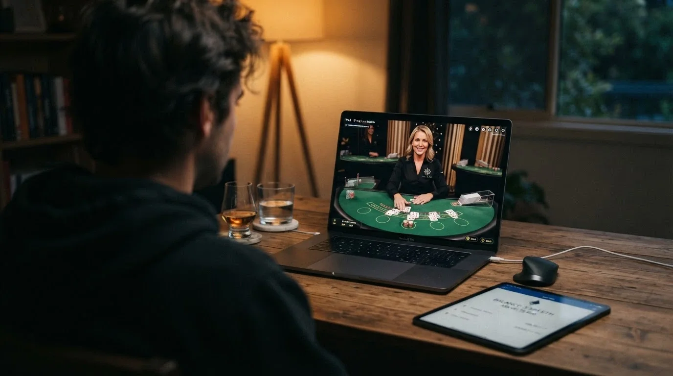 A cinematic view of a live-dealer blackjack table from behind the player position, with a tablet showing an ETH balance in the foreground