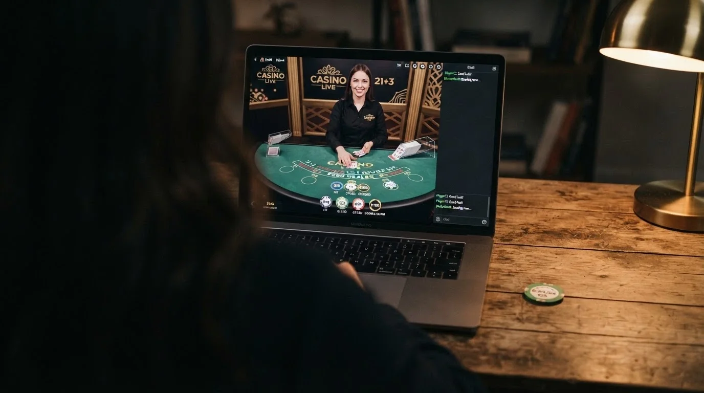 A live-dealer blackjack table streamed from a professional studio, the dealer standing behind the table with cards visible, a chat window open on the side