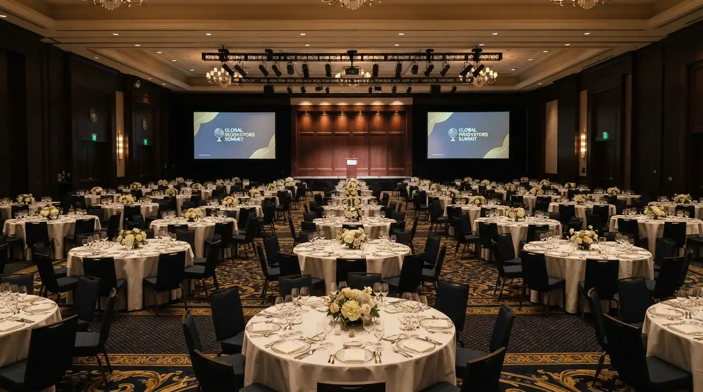 The Lotus Room set for a function at Casino Canberra, with banquet tables and AV equipment visible in the 310-capacity space