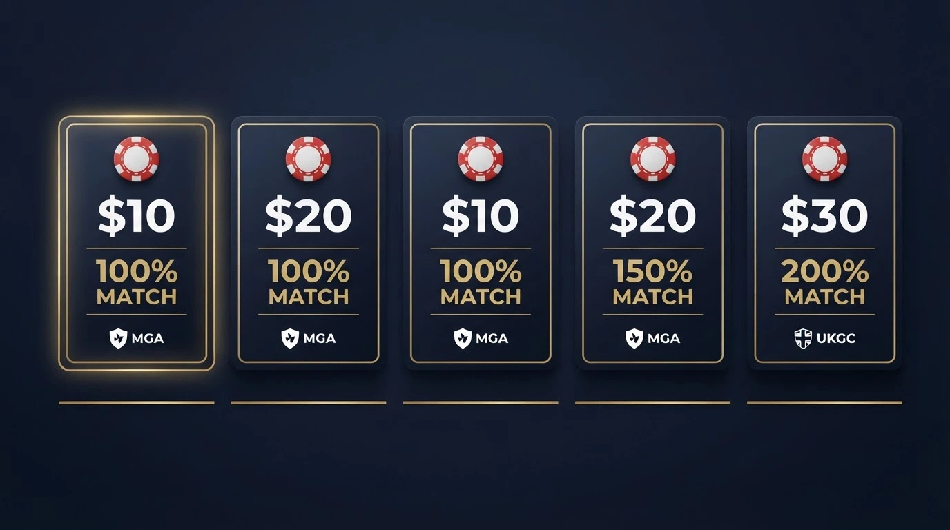 A graphic comparison layout showing casino brand cards with their minimum deposit amounts, bonus match percentages and licence jurisdictions side by side