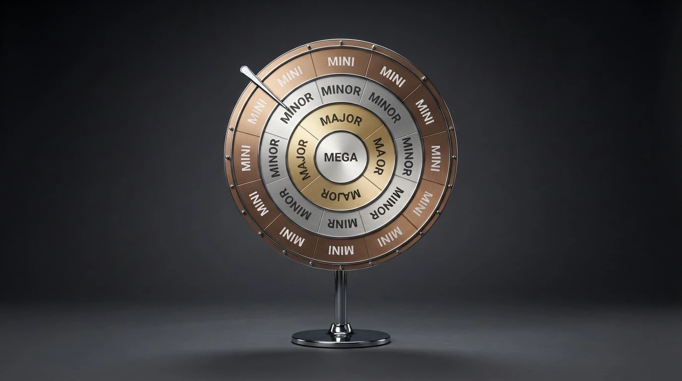 The Mega Moolah progressive jackpot wheel in its bonus round, segmented into Mini, Minor, Major and Mega tiers with a spinning pointer