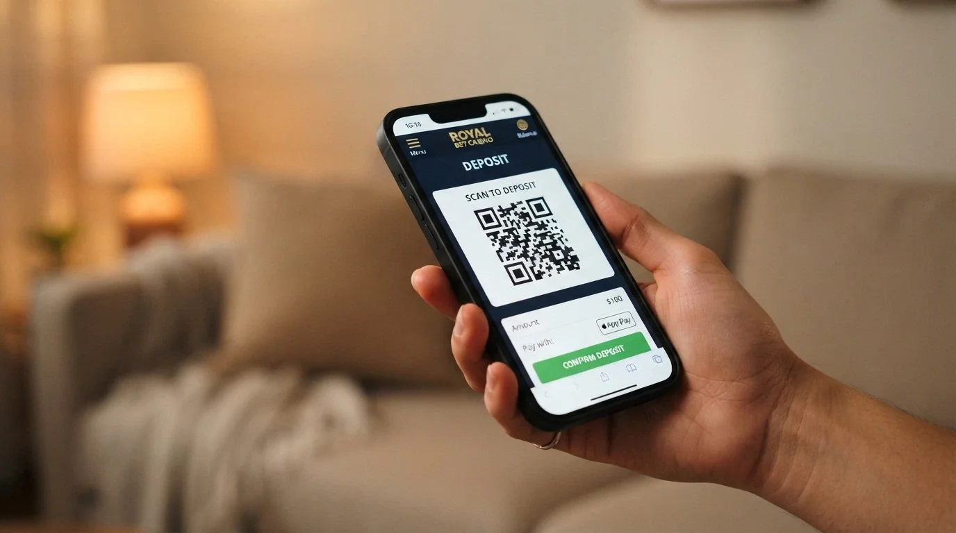A smartphone held in one hand showing a bitcoin casino mobile site with a wallet-app QR code overlay on the deposit screen
