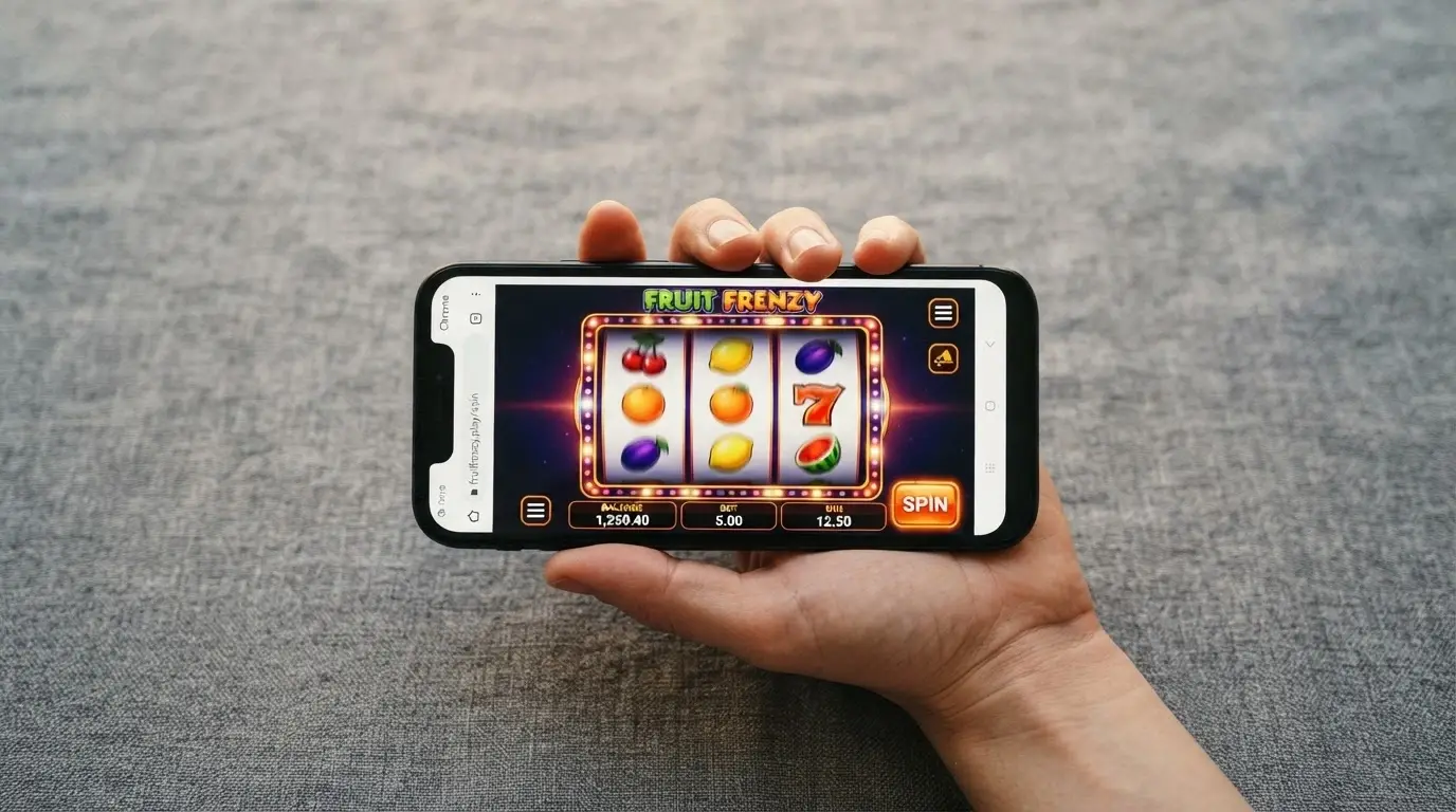A hand holding a smartphone in landscape orientation displaying a 1spin4win slot running inside a mobile browser