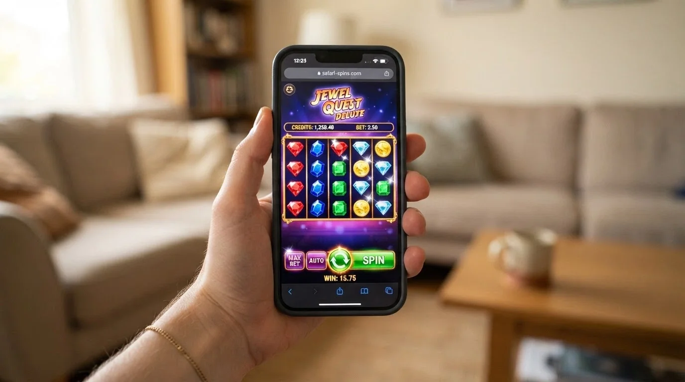 An iPhone held in one hand with a casino game running in the Safari browser, the URL bar visible at the top