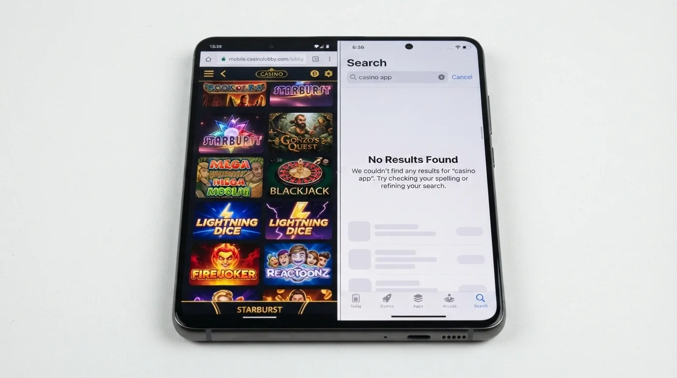 Side-by-side comparison on a phone screen: a mobile casino running full-screen in a browser on the left, and the Apple App Store search result for “real money casino” showing no relevant apps on the right