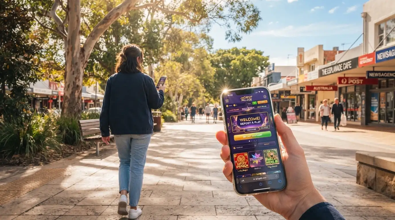 Person holding a mobile phone with a casino game loaded, outdoors in an Australian setting