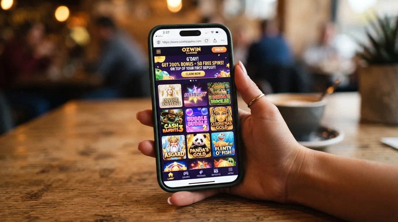A smartphone held in one hand showing a casino lobby with a free-spins offer banner, the browser address bar visible