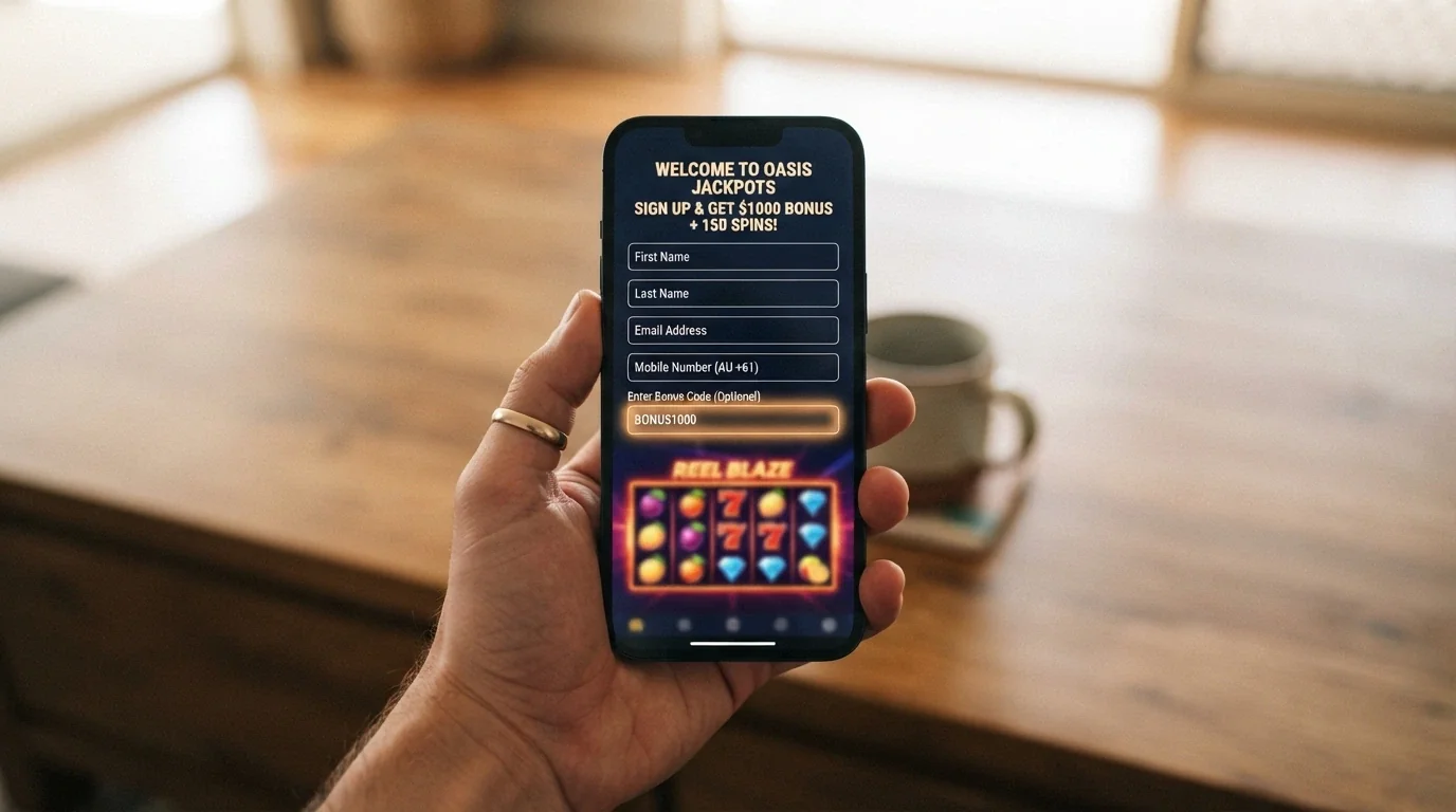 A hand holding a smartphone with an offshore casino sign-up form on screen, the bonus-code field highlighted, and a pokie game loading in the background