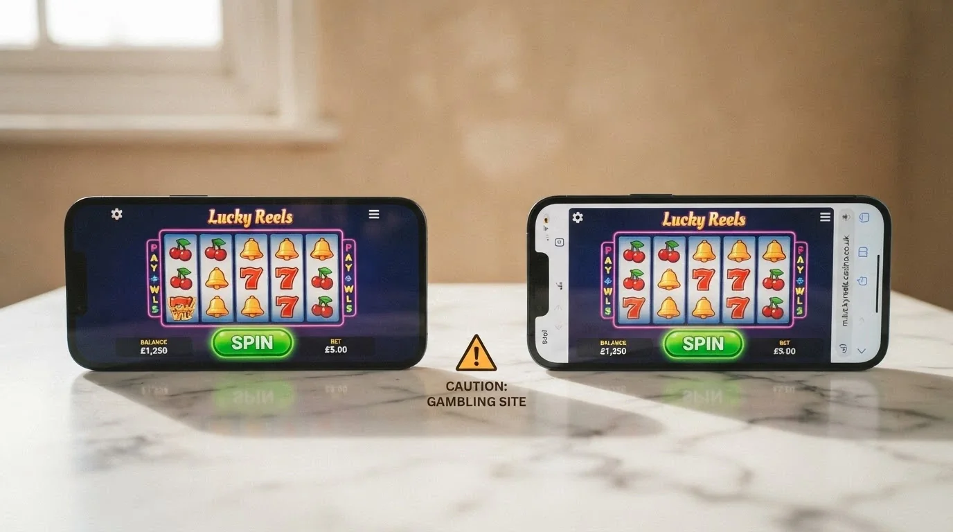 A split-screen comparison of a casino app interface on a phone vs the same game in a mobile browser, with a security warning icon beside the download button