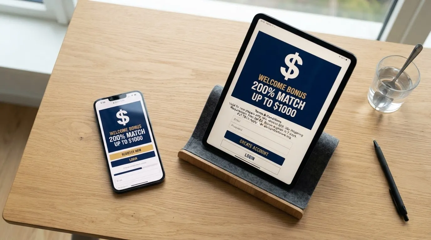 A smartphone screen showing a casino sign-up page with a welcome-bonus banner, beside a tablet showing the same offer
