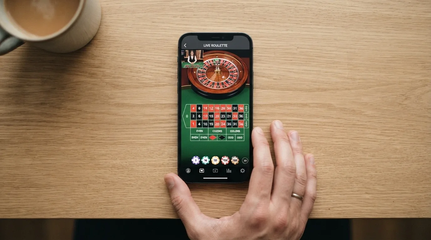 A smartphone held in one hand displaying a live roulette table interface