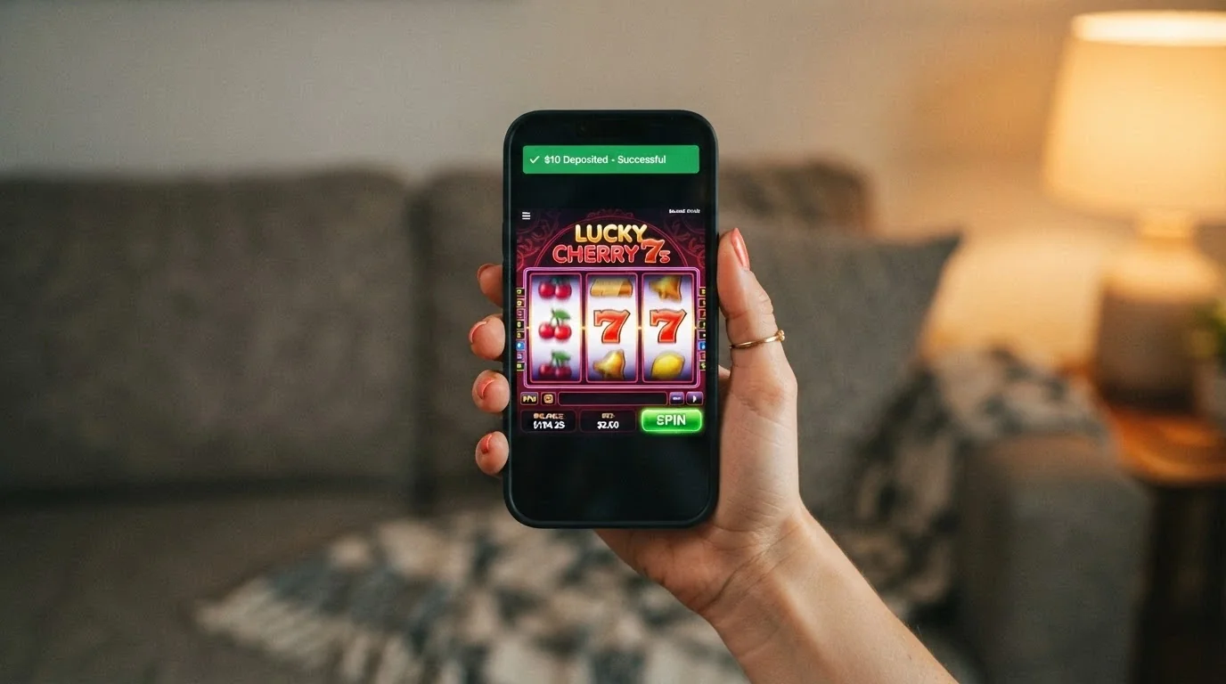 A hand holding a smartphone in landscape orientation with a pokie game visible on screen, PayID deposit confirmation notification overlaid