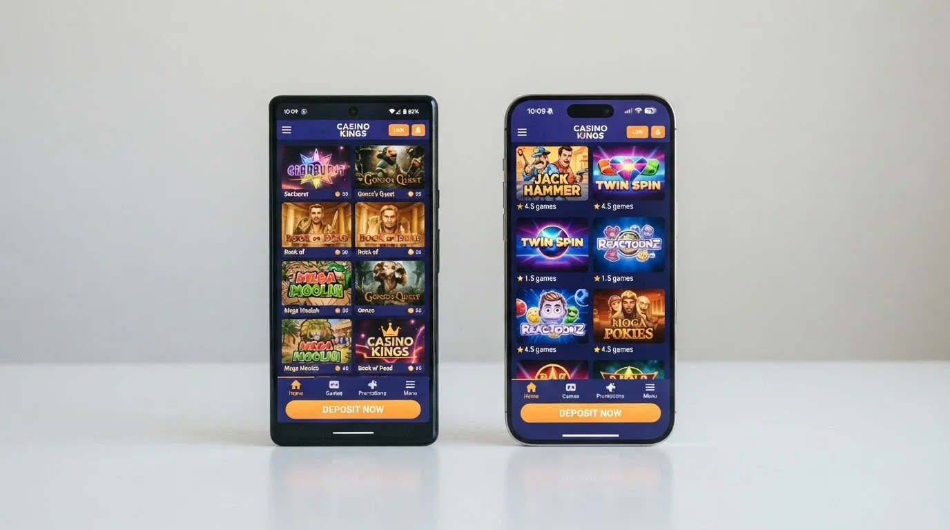 A side-by-side comparison of an Android phone and an iPhone both displaying a pokies app lobby with game thumbnails and a deposit button