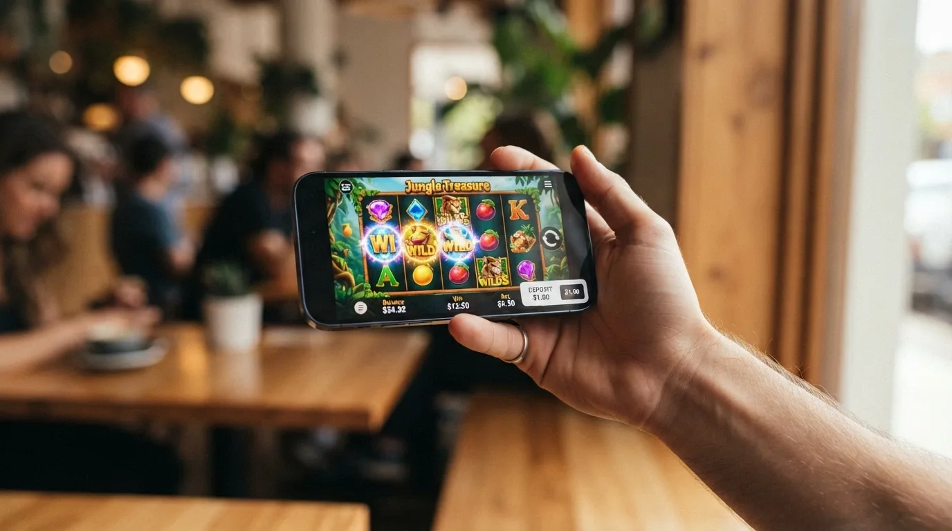 A hand holding a smartphone in landscape orientation with a pokies game on screen, a deposit overlay with $1.00 visible