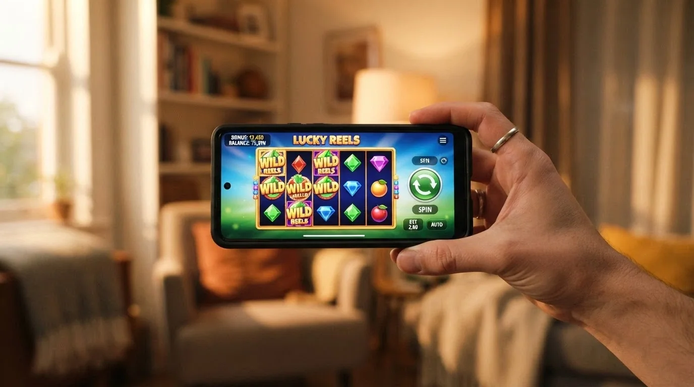 A hand holding a smartphone in landscape orientation showing a pokie game in a mobile browser, with the spin button centred and a small bonus-credit indicator in the corner.