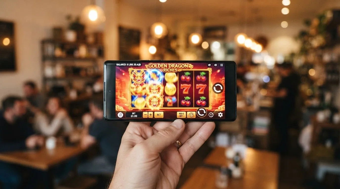 A hand holding a smartphone in landscape mode displaying a pokies game with AUD balance, set against a café or lounge background