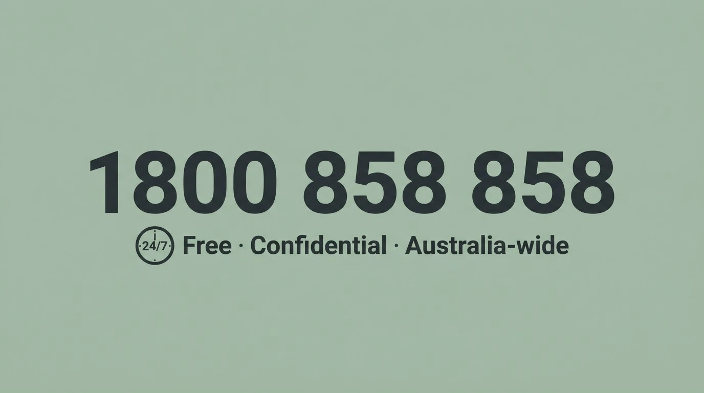 A clean, prominent display of the number 1800 858 858 on a green background with a 24/7 clock icon and the words “Free · Confidential · Australia-wide”