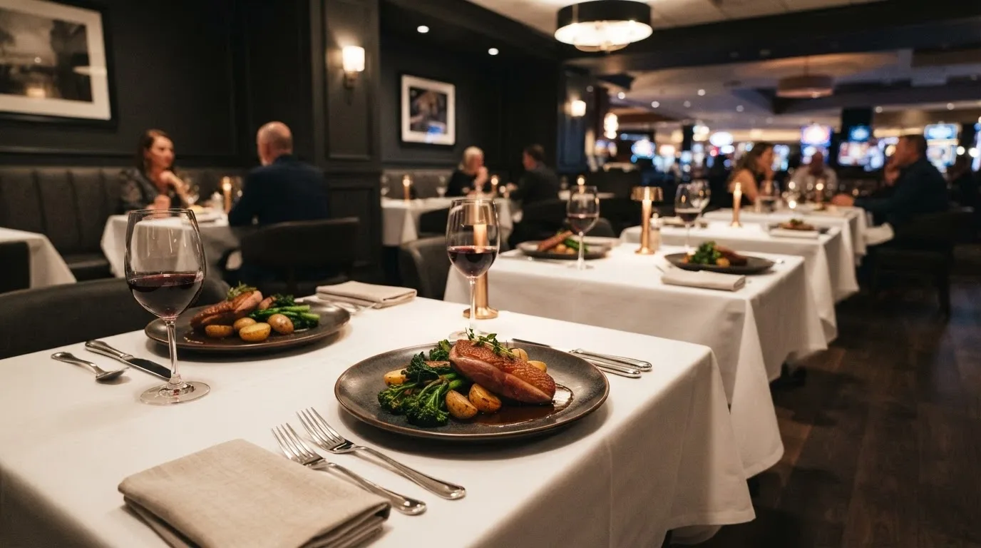 The dining room at Natural 9 restaurant inside Casino Canberra, showing plated dishes and the warm interior fit-out