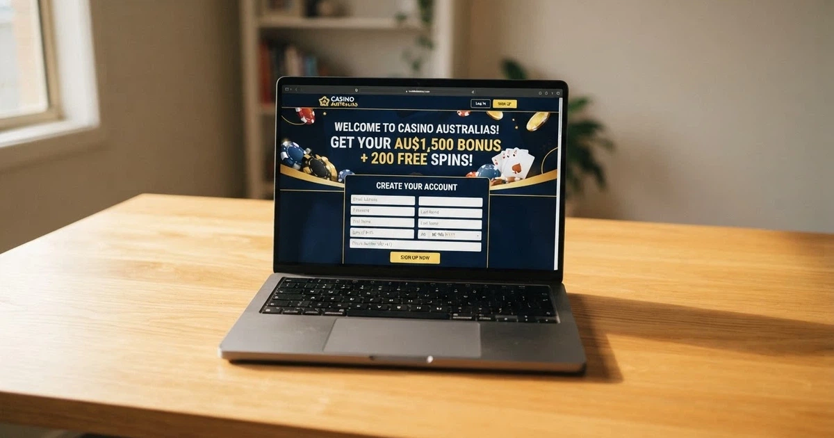 A laptop screen showing an online casino registration form with a no-deposit bonus banner, an Australian $ sign visible on the credit amount