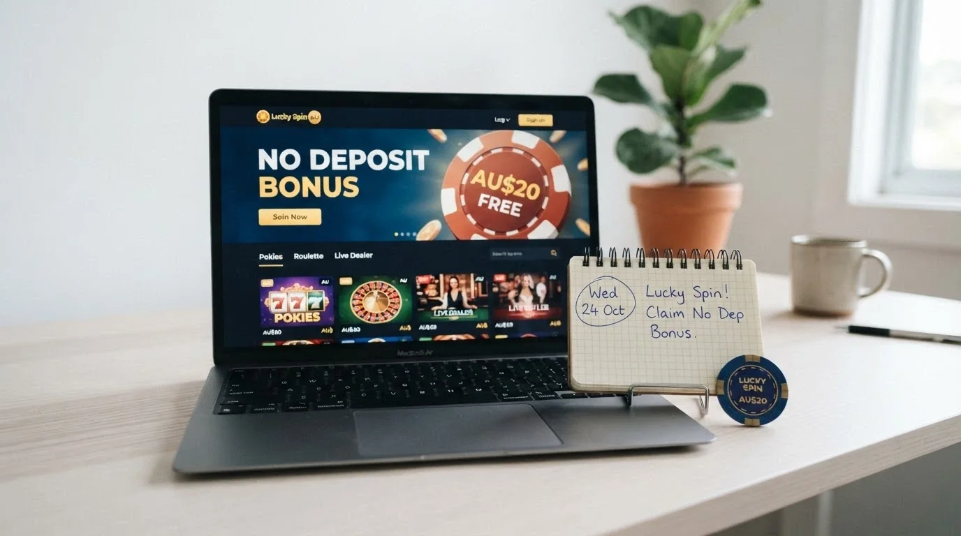 A laptop screen showing a freshly launched casino homepage with a prominent no-deposit welcome offer, calendar set to 2026 visible in the corner