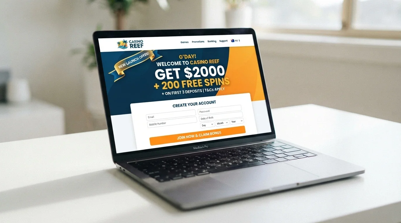 A fresh casino sign-up page with a prominent no-deposit bonus welcome offer, “just launched” styling visible