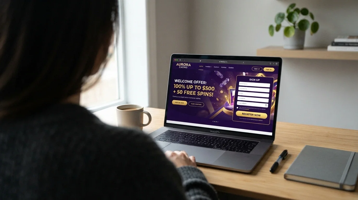 Freshly launched online casino landing page with a welcome bonus banner and sign-up form