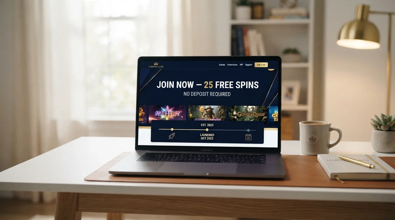 A clean, modern casino homepage with a prominent “Join Now — 25 Free Spins” banner and a recently-registered domain-age indicator overlaid as a subtle visual cue.