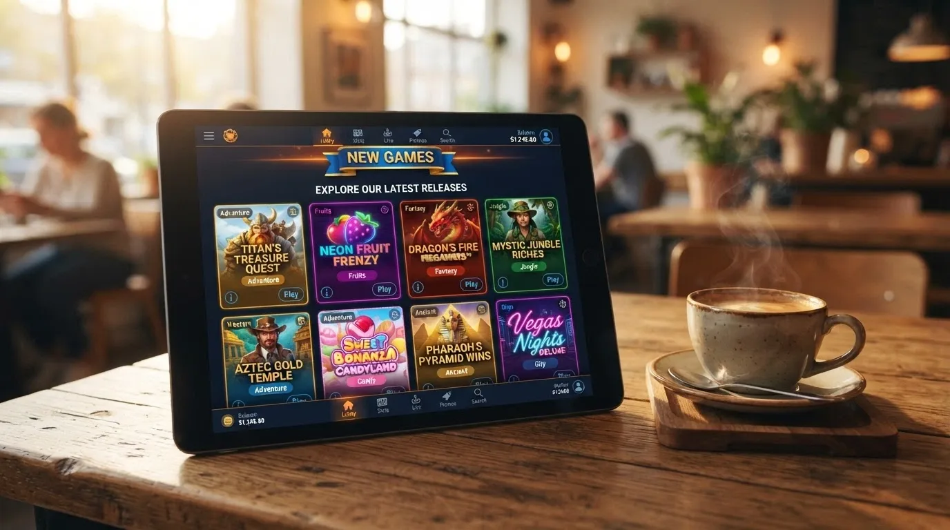 A fresh casino lobby on an iPad screen with a “New Games” ribbon or badge visible, showing recently added slot titles with their provider logos