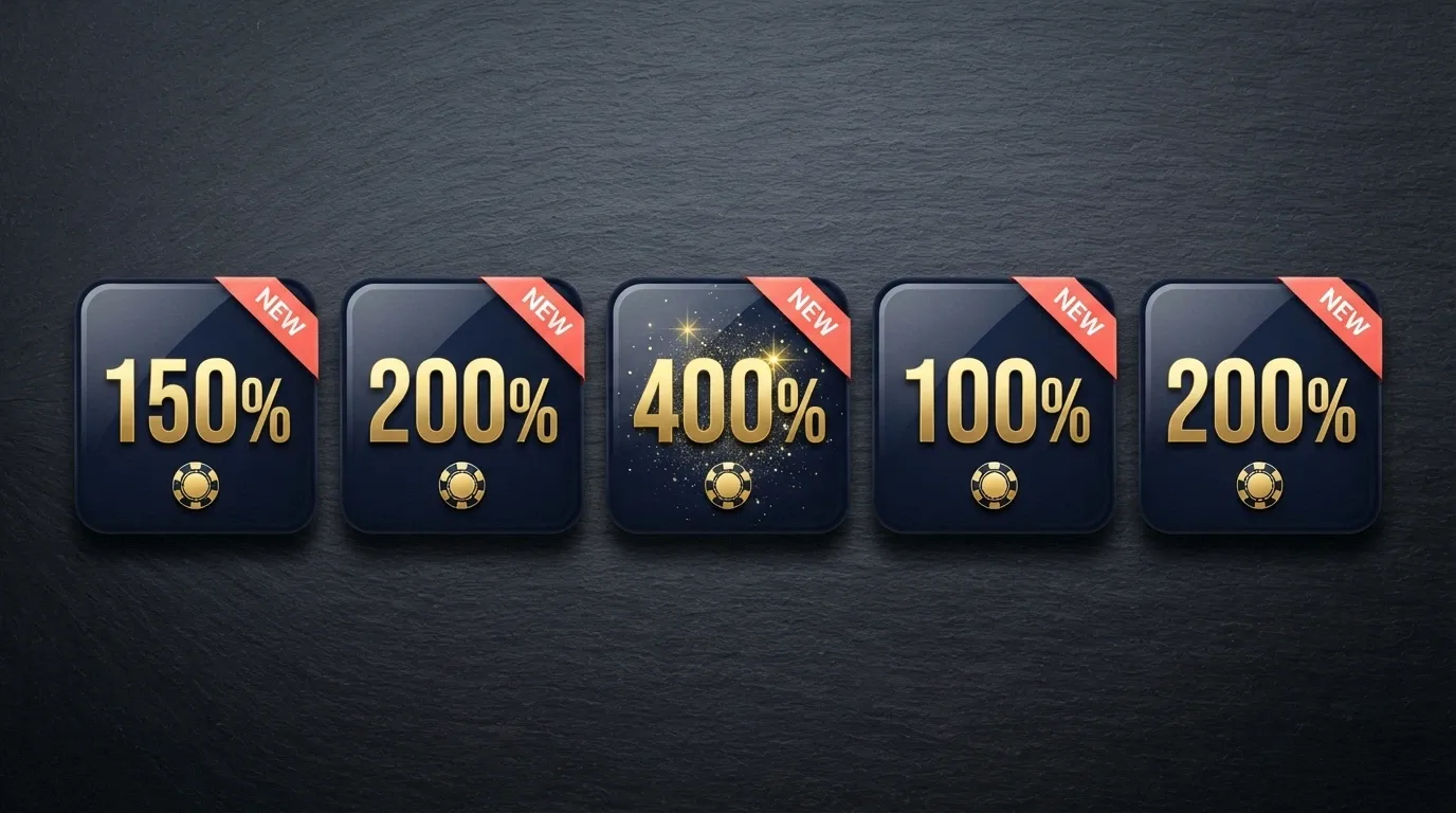 A row of stylised casino welcome-offer badges showing match percentages (150%, 200%, 400%) with “NEW” tags, arranged as a discovery showcase