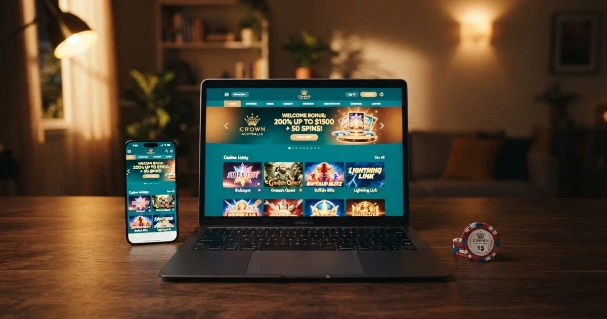 A laptop and smartphone side by side displaying the lobby screens of two different online casinos with “Welcome Bonus” banners visible, an Australian $50 banknote resting on the desk